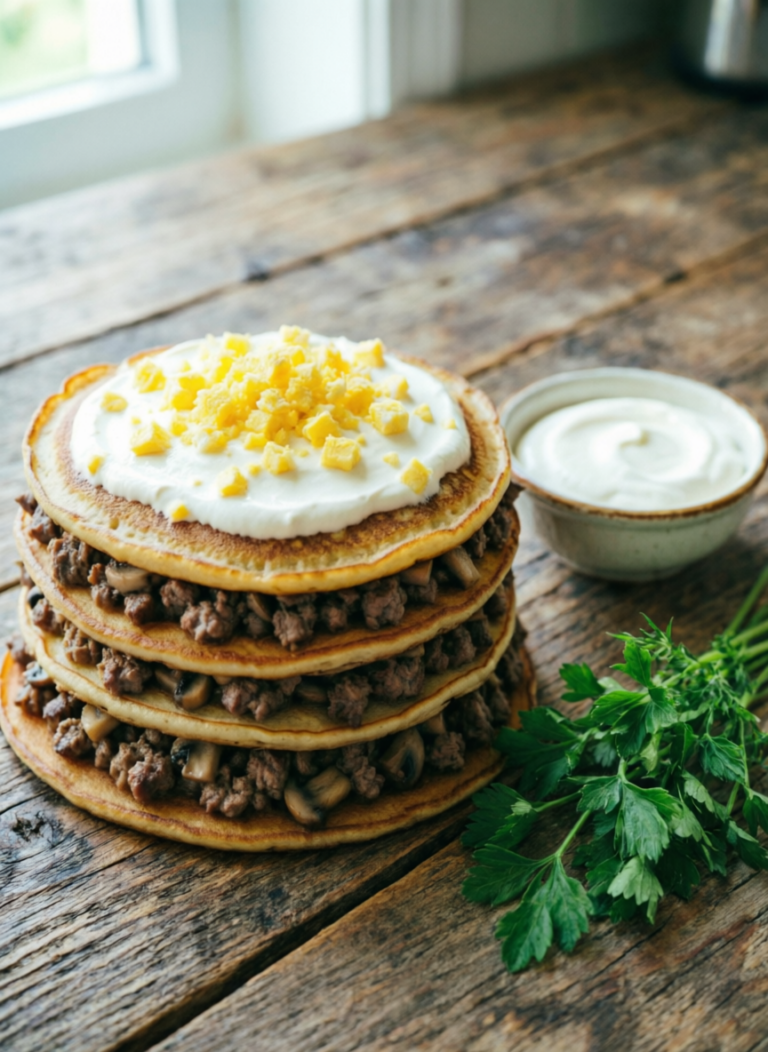 блинный пирог с мясом и грибами